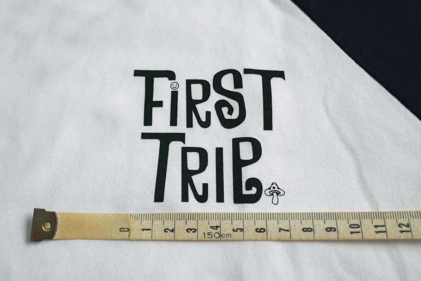 再入荷!First Trip ファーストトリップ スマイル&キノコ 60's デザイン ホワイト×ネイビー オリジナル ラグラン七分袖 Tシャツ ラグランスリーブ ベースボールTシャツ 新品 アパレル