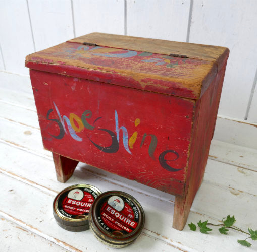SHOE SHINE 木製 脚付き 赤色 60's ヴィンテージ シューシャインボックス シューケア 靴磨き道具入れ ポリッシュ缶付き 木箱 USA
