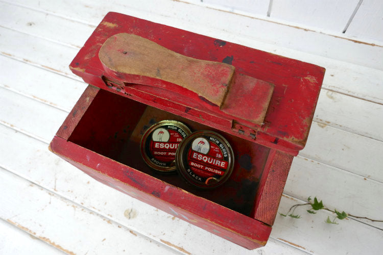 SHOE SHINE 木製 脚付き 赤色 60's ヴィンテージ シューシャインボックス シューケア 靴磨き道具入れ ポリッシュ缶付き 木箱 USA