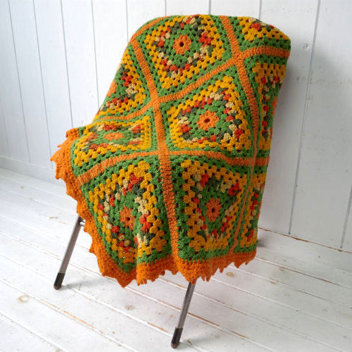 レトロポップ 立体 モチーフ編み ヴィンテージ ニットブランケット グラニーブランケット 大判 アメリカ 古着