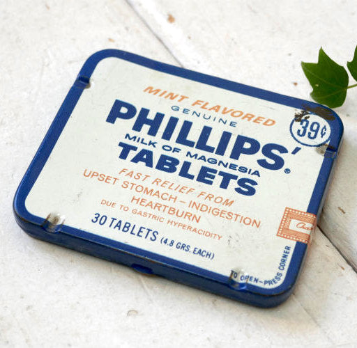 ミントフレーバーPHILLIPS MILK OF MAGNESIA TABLETS フィリップス 1930's ヴィンテージ・タブレットケース ブリキ缶 印刷物付き