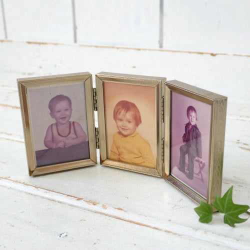 クラシック ゴールドトーン トリプル 3面 写真付き ヴィンテージ フォトスタンド 写真立て インテリア USA