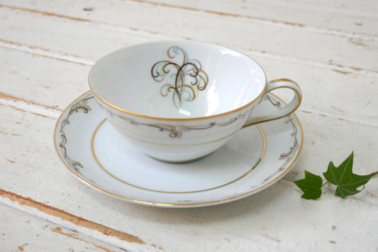 オールド NORITAKE ノリタケ 1953~1960s ESTEEM 5404ブルー&ブラウン スクロールパターン セラミック ヴィンテージ ティーカップ