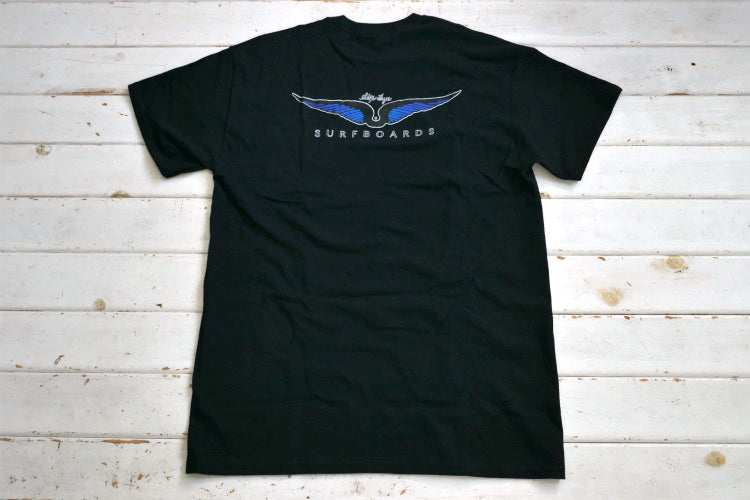 Skip Frye スキップフライ Frye Wings サーフィン ブラック×ブルー Tシャツ ポケットTシャツ Mサイズ カリフォルニア 老舗 サーフボードブランド ステッカー付き