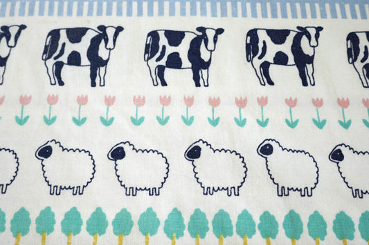 ひつじ アヒル 牛 ブタ 動物柄 チューリップ 牧場 コットン100% 80's ヴィンテージ ユーズドシーツ ベッドシーツ (ボックスタイプ)