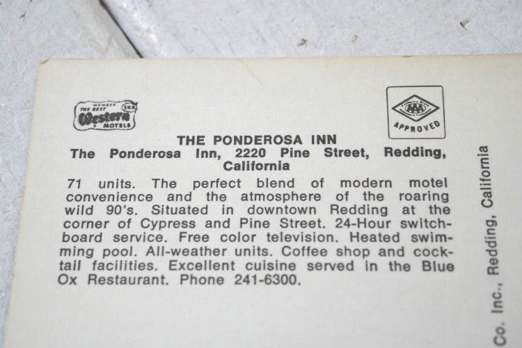 AAA トリプルエー カリフォルニア州 The Ponderosa Inn モーテル ヴィンテージ ポストカード 絵葉書 USA アメ車