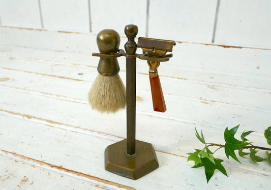 オールド 真鍮製 六角形 BARBER SHOP カミソリ&シェービングブラシ付き ヴィンテージ スタンド USA