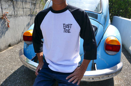First Trip ファーストトリップ スマイル&キノコ 60's デザイン ホワイト×ブラック オリジナル ラグラン七分袖 Tシャツ ラグランスリーブ 新品 アパレル