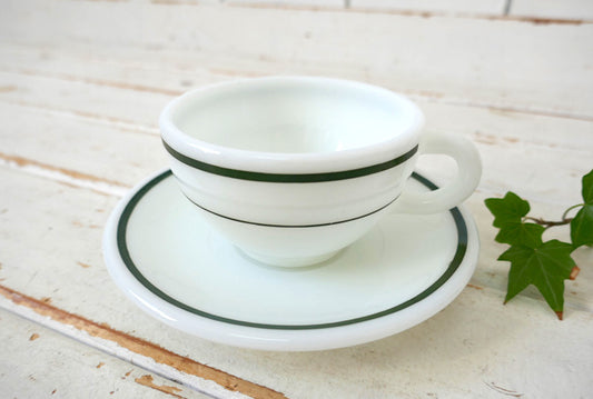 CORNING コーニング オールドパイレックス ミルクガラス レトロ グリーンライン ヴィンテージ カップ&ソーサー 食器 USA②