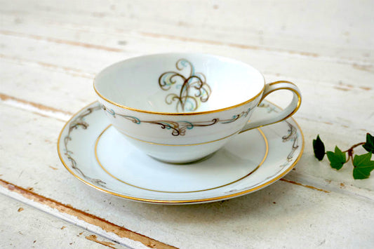 NORITAKE オールド ノリタケ 1953~1960s ESTEEM 5404 ブルー&ブラウン スクロールパターン セラミック ヴィンテージ ティーカップ カップ&ソーサー 里帰り品