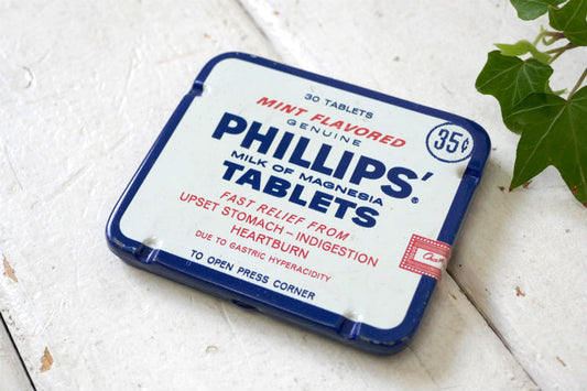 ミントフレーバー PHILLIPS MILK OF MAGNESIA TABLETS フィリップス 1930's ヴィンテージ 35¢ タブレットケース ブリキ缶 印刷物付き