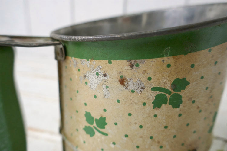 ミントグリーン×クリーム リーフ柄 木製ハンドル 1930~40's ヴィンテージ 粉ふるい シフター フラワーシフター キッチンツール USA