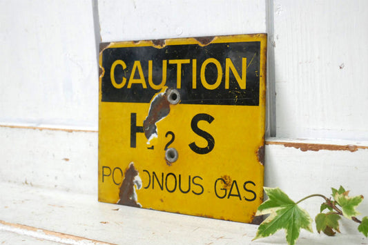 CAUTION H2S 警告 危険 イエロー×ブラック インダストリアル ヴィンテージ ホーロー サイン 看板 USA