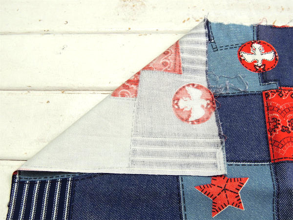 デニム×バンダナ・パッチワーク柄・デッドストック・ヴィンテージ・ファブリック・生地・テキスタイル