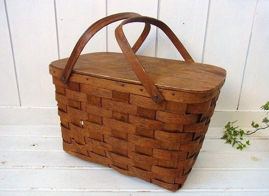 【BASKETVILLE】木製・アンティーク・ピクニック・バスケット/ウッドバスケット USA