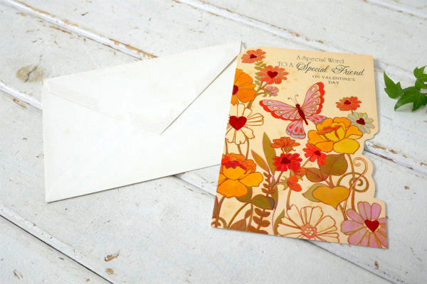 蝶々&フラワー レトロ バレンタイン デッドストック ビンテージ メッセージカード 封筒付き USA