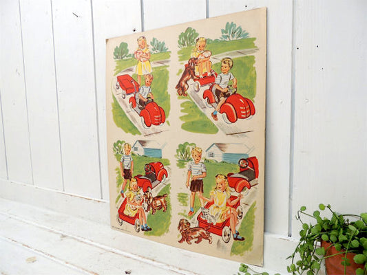 USA!車で遊ぶ男の子&女の子・学習用・ヴィンテージ・ポスター