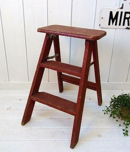 赤茶色・木製・アンティーク・ステップラダー/脚立 USA