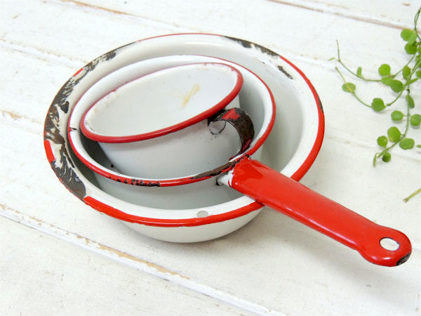 ホワイト×レッド シャビー ホーロー製 アンティーク ボウル 琺瑯 ホーローボウル USA