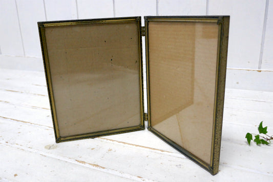 1920s・アンティーク・ダブルフォトフレーム・ゴールドトーン・折り畳み式・フォトスタンド・写真立て