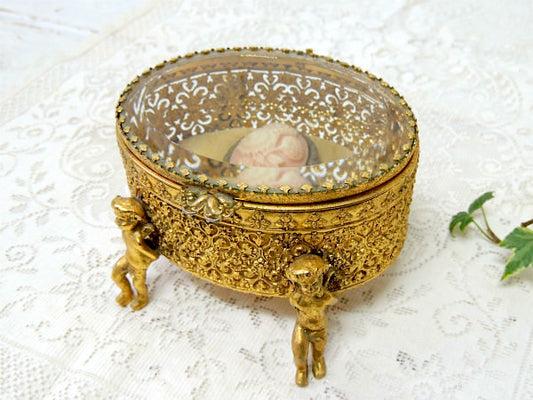 4人の天使・ベベルガラス・ゴールドトーン・アンティーク・ジュエリーボックス・ジュエリーケース・宝石箱