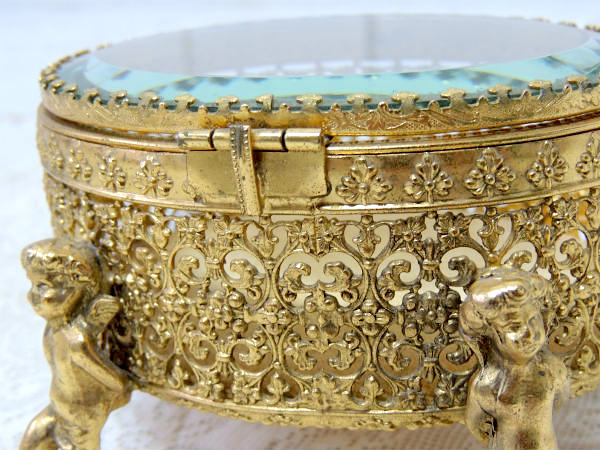 4人の天使・ベベルガラス・ゴールドトーン・アンティーク・ジュエリーボックス・ジュエリーケース・宝石箱