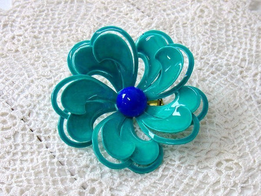 フラワーモチーフ・ターコイズブルー色のデッドストック・ヴィンテージ・ブローチ/アクセサリー USA