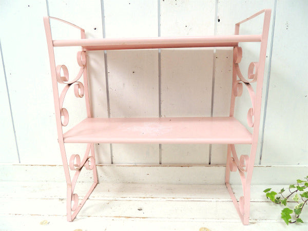 ベビーピンク色・2段式・脚付きアンティーク・シェルフ/飾り棚/ディスプレイシェルフ USA
