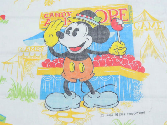 【ミッキー&フレンズ】OLDミッキー・お祭り柄・70'sヴィンテージ・ユーズドシーツ(フラット)