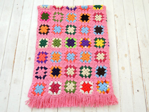 カラフルポップ・ハンドメイド・モチーフ編み・ヴィンテージ・ニットブランケット・グラニーブランケット