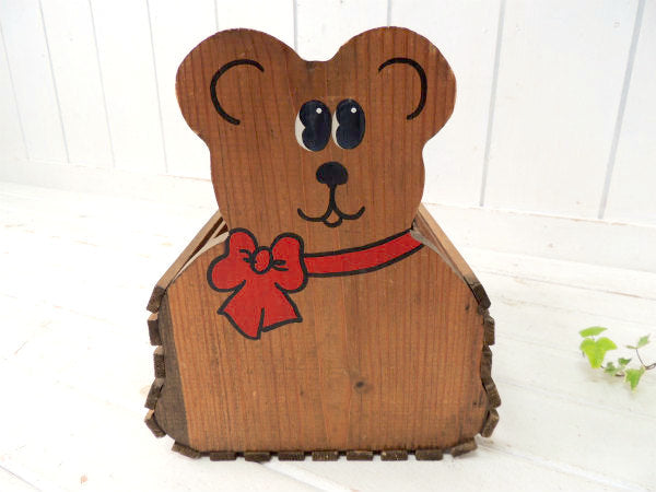 テディベア&クマ型・木製・ヴィンテージ・バスケット ウッドバスケット おもちゃ箱 USA