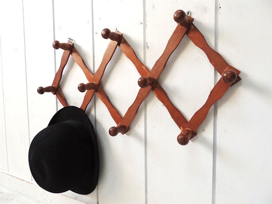【レトロ可愛いデザイン】古い木製・ジャバラ式・アンティーク・ハットラック/コートフック USA
