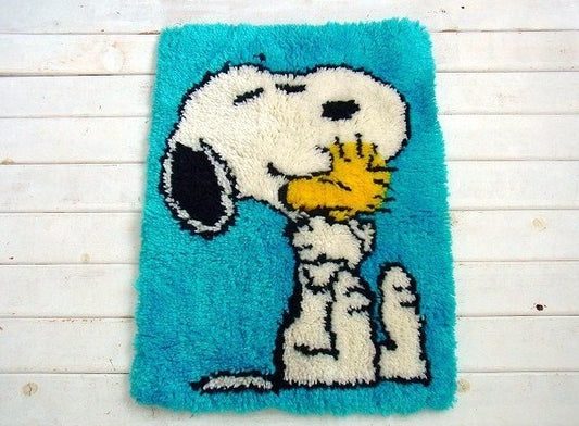 【スヌーピー&ウッドストック】ヴィンテージ・フックドラグ・マット/タペストリー USA