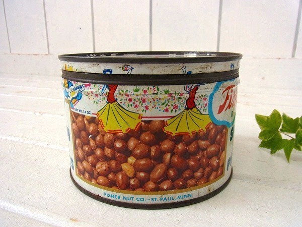 【Fisher's Peanuts】ピーナッツのフタ付きヴィンテージ・ティン缶/ブリキ缶 USA