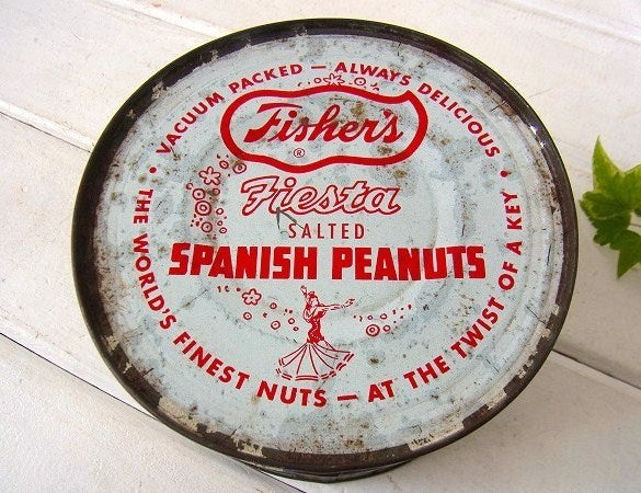 【Fisher's Peanuts】ピーナッツのフタ付きヴィンテージ・ティン缶/ブリキ缶 USA