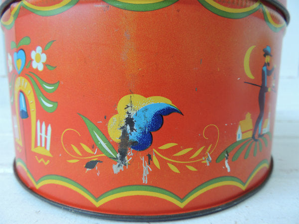 USA!赤色・フォークアート柄・アンティーク・ティンバスケット/ティン缶/裁縫箱ふ