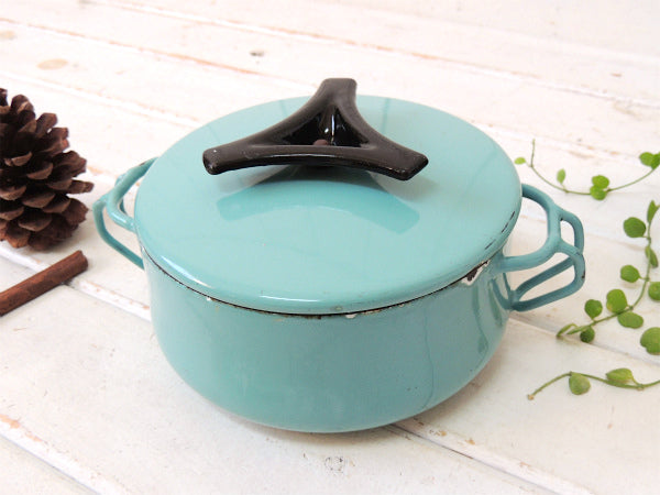 【MILANO WARE】イタリア製・ターコイズブルー色・ヴィンテージ・ホーロー鍋/両手鍋