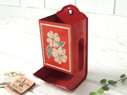 【フラワー・レトロデザイン】レッド・ティン製・アンティーク・マッチホルダー・缶