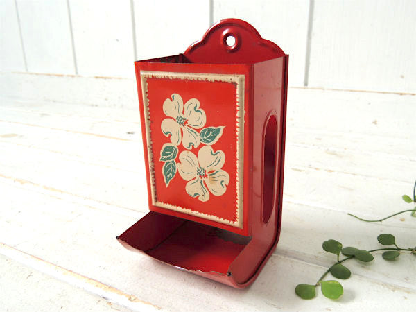 【フラワー・レトロデザイン】レッド・ティン製・アンティーク・マッチホルダー・缶