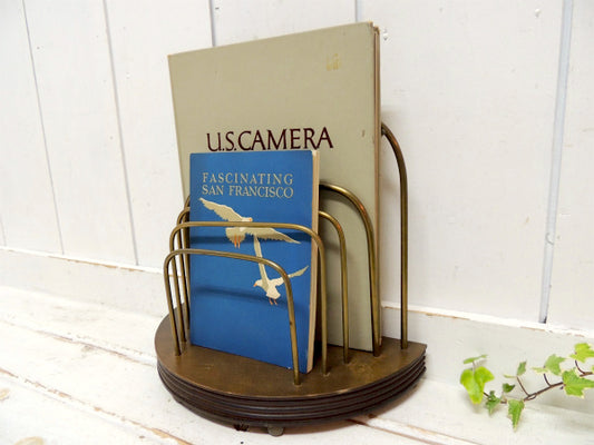 ミッドセンチュリー・木製×真鍮・半円形・ヴィンテージ・ブックスタンド/書類スタンド/本立て USA