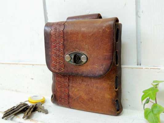 レザー製・型押しデザイン・ヴィンテージ・ベルトポーチ/ウエストポーチ/バッグ/バイカー USA