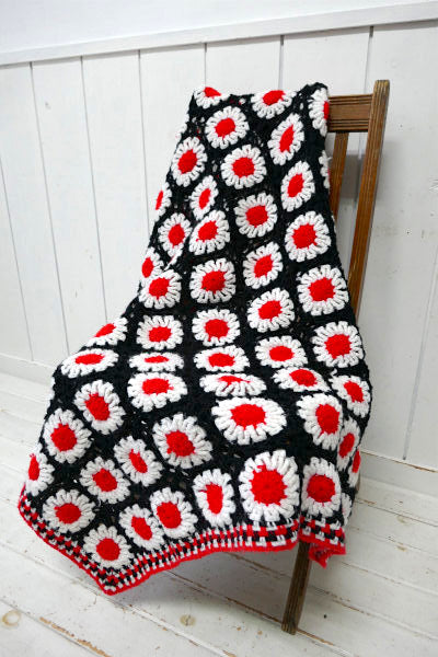 立体花モチーフ 手編みニット レトロ ハンドメイド ヴィンテージ ブランケット ひざ掛け 大判 US