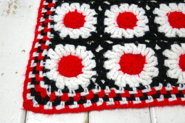 立体花モチーフ 手編みニット レトロ ハンドメイド ヴィンテージ ブランケット ひざ掛け 大判 US