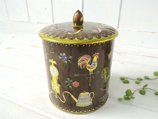イギリス製・ポット&時計&チェア柄etc・蓋付き・アンティーク・ティン缶/ブリキ缶