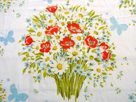 カラフル 花束&蝶々柄 ヴィンテージ USEDフラットシーツ(1/2) ハンドメイド リメイク