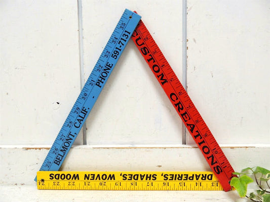 カラフルな3色の折りたたみ式・ノベルティ・ヴィンテージ・木製ルーラー/ものさし/メジャー・USA