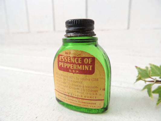 McKesson&Robbins ペパーミントのエッセンシャル・緑色・ヴィンテージ・ガラス容器