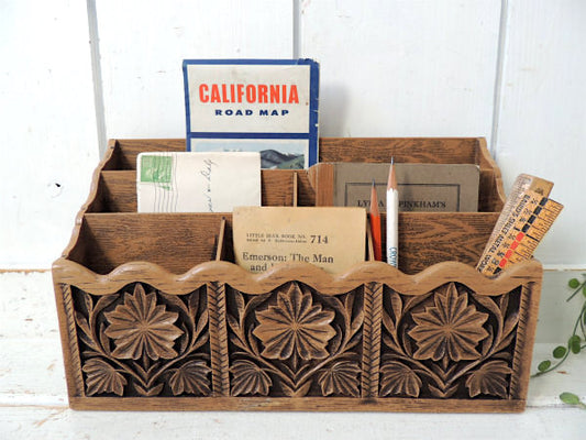 【Lerner・彫刻ウッド柄】70's・ヴィンテージ・卓上レターホルダー・オーガナイズ・書類スタンド