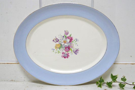 イングリッシュガーデン 花柄 陶器製 オーバル型 ブルーリム アンティーク プレート 大皿 食器