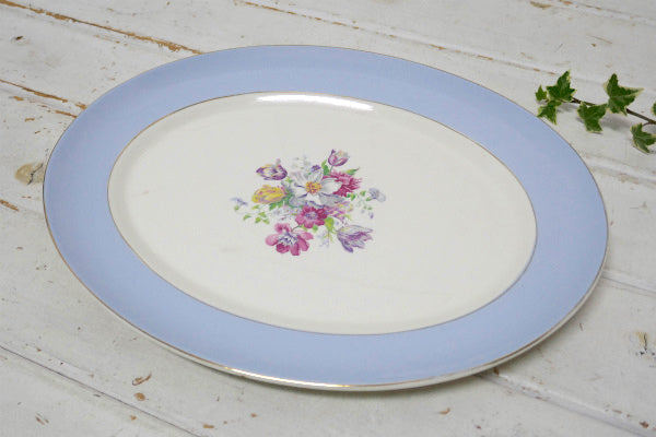 イングリッシュガーデン 花柄 陶器製 オーバル型 ブルーリム アンティーク プレート 大皿 食器